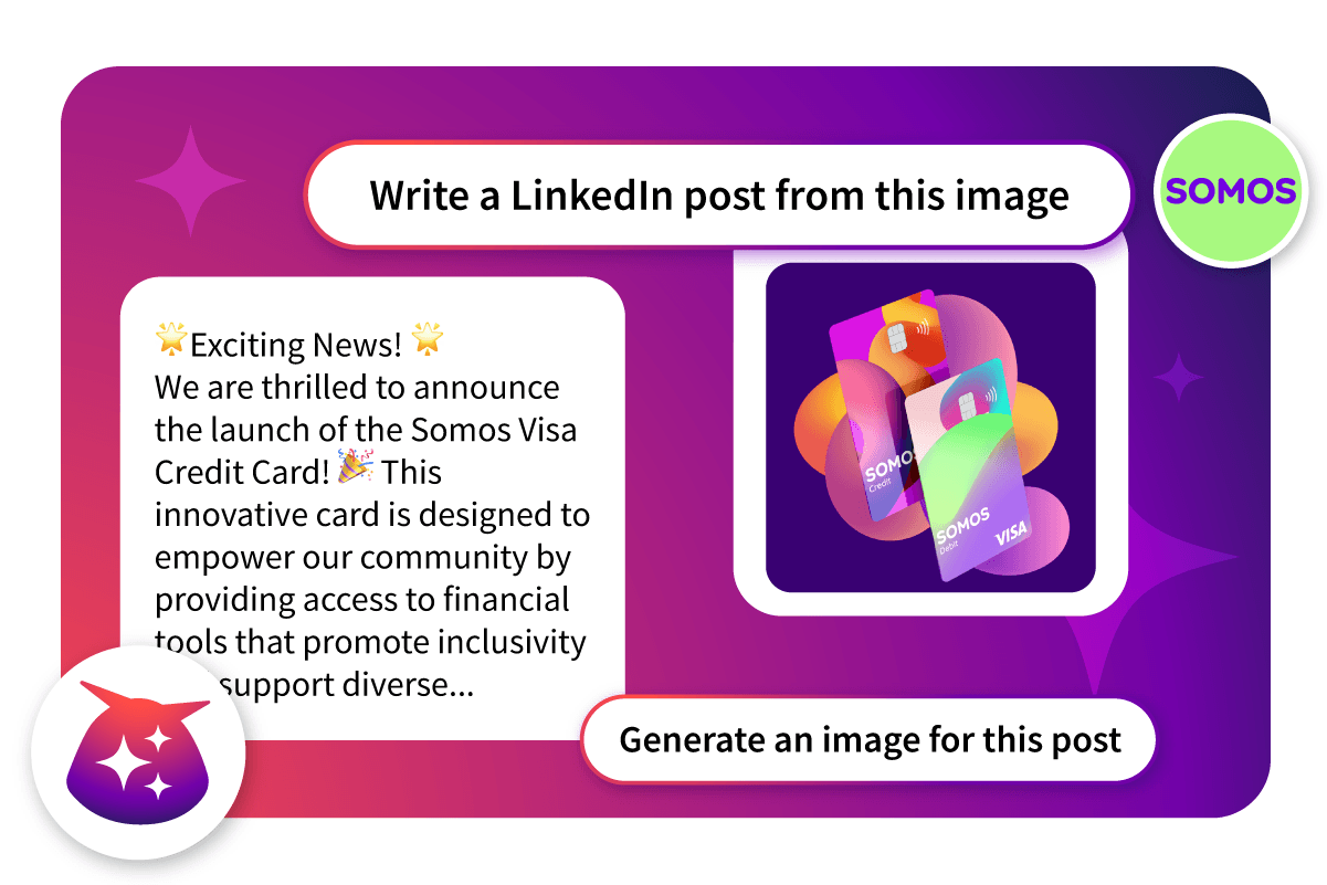 Social media template showing announcement of Somos Visa Credit Card launch with colorful card designs on purple gradient background