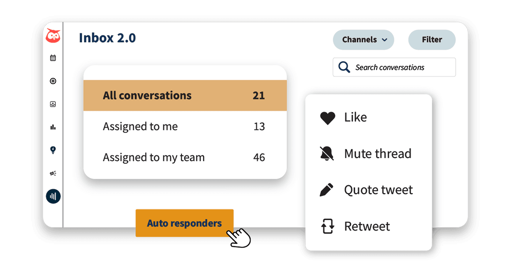 Inbox 2.0 interface showing conversation filters, channel options, and social media actions like Like, Mute, Quote and Retweet